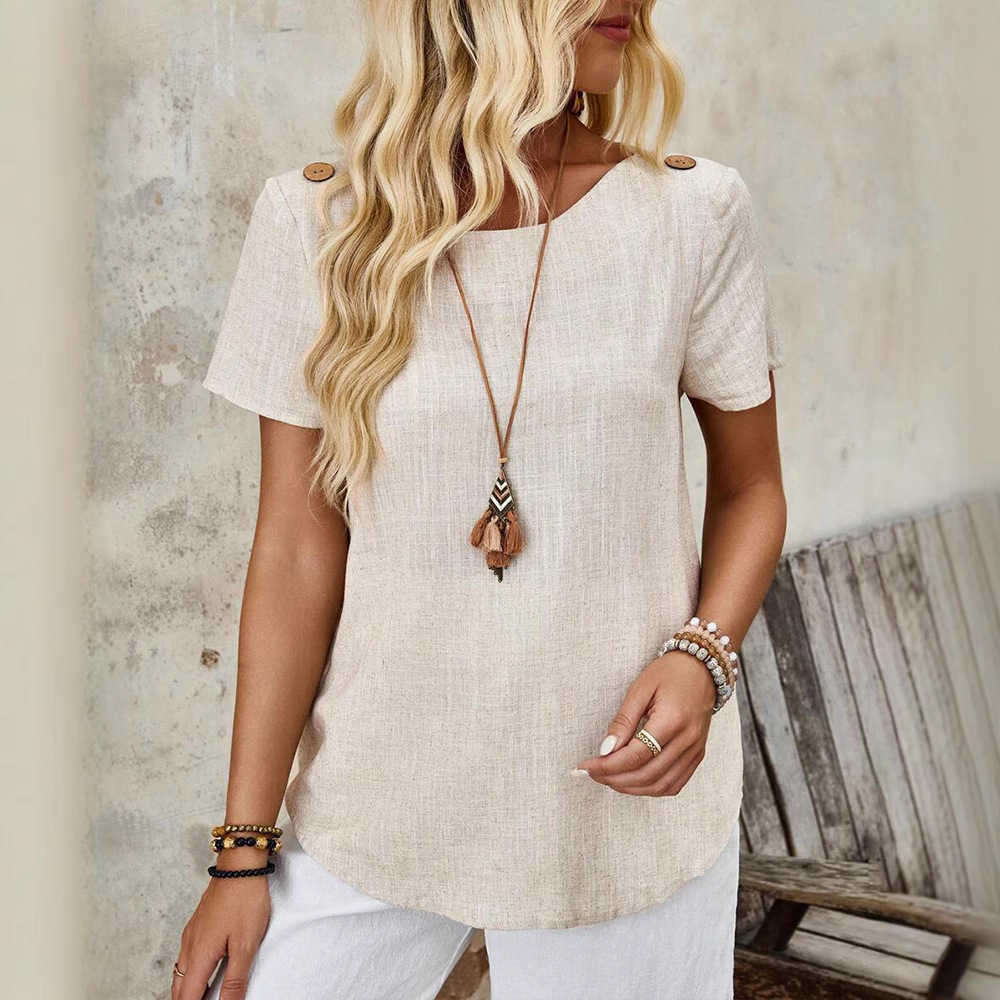 Women's Solid Crewneck Short Sleeve Button Top