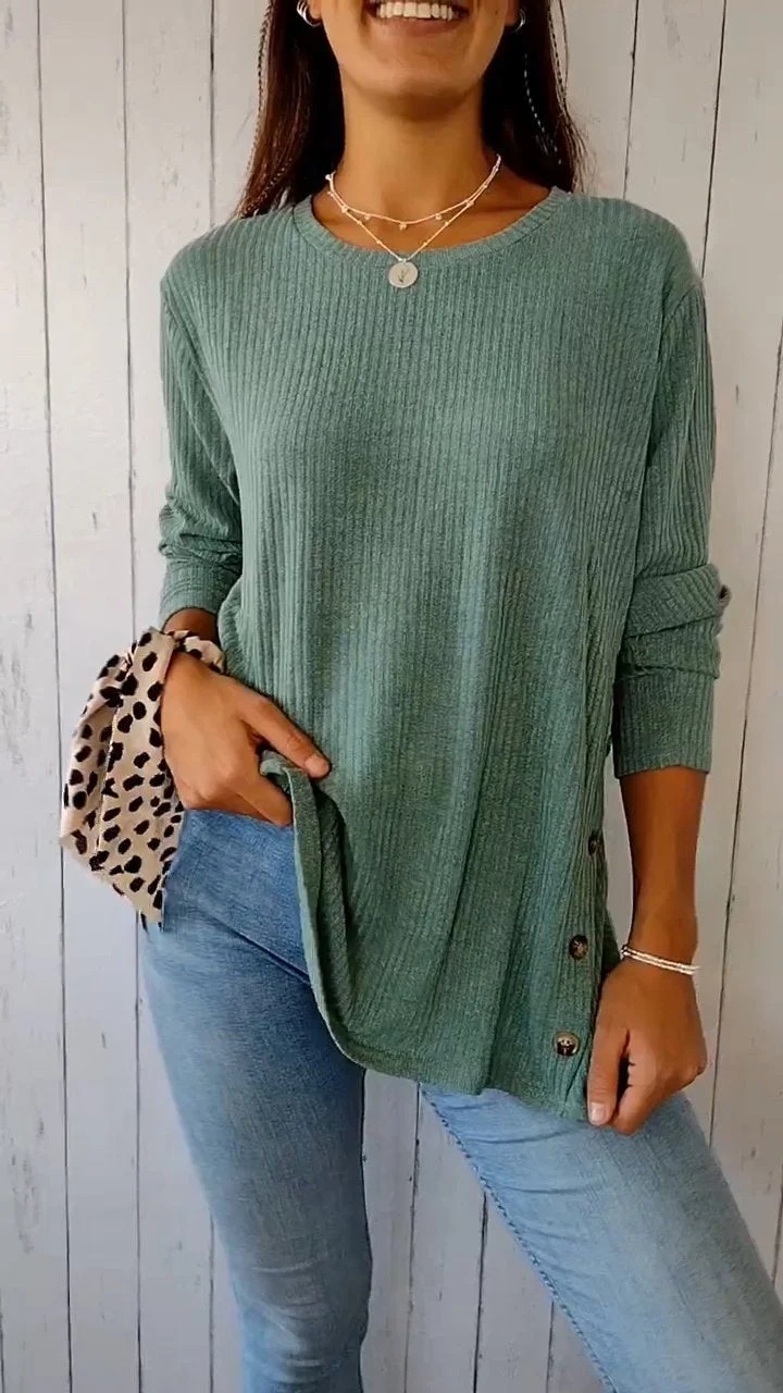 Ribbed Knit Button-Detail Crewneck Long-Sleeve Top