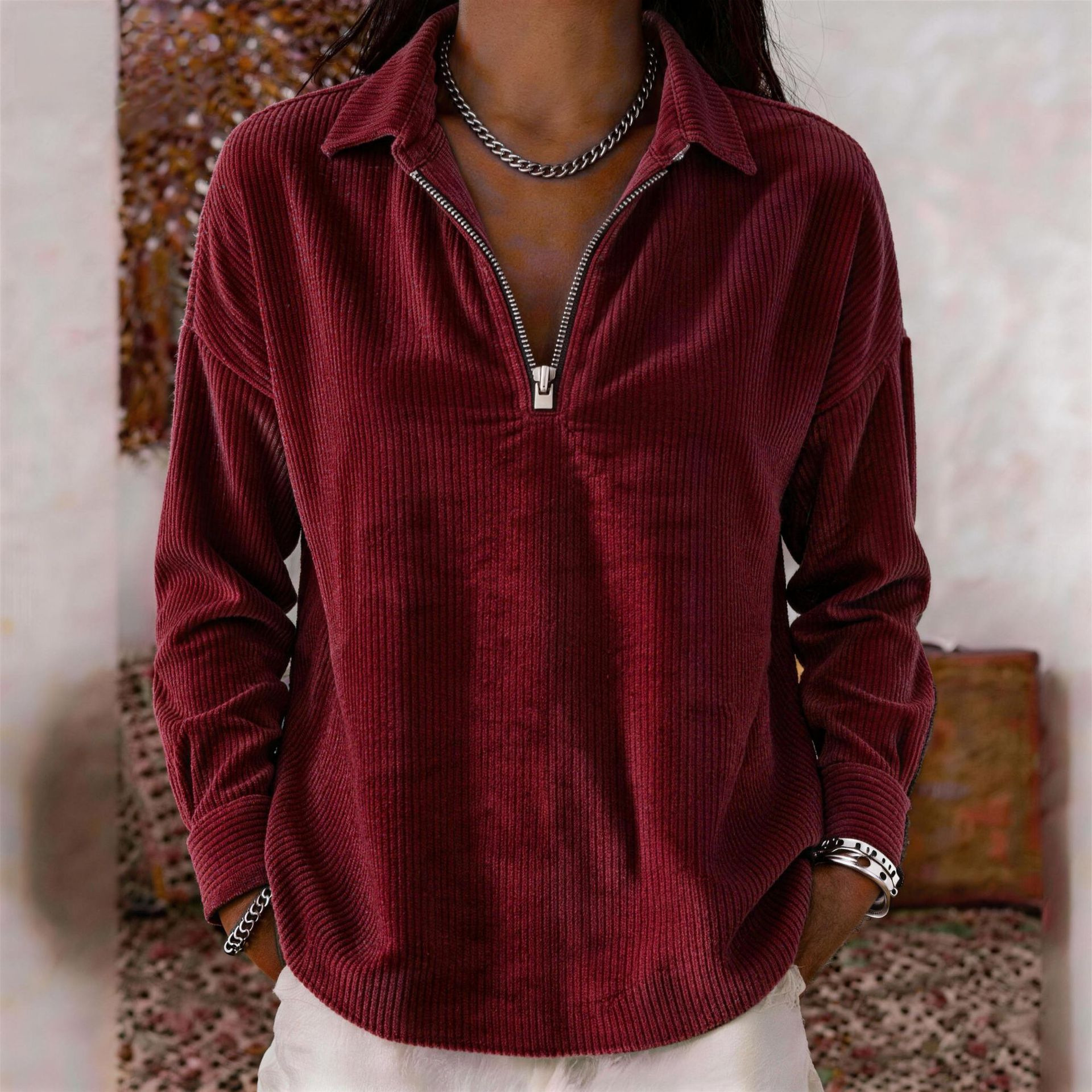 Corduroy Long-Sleeve Loose Collared Top