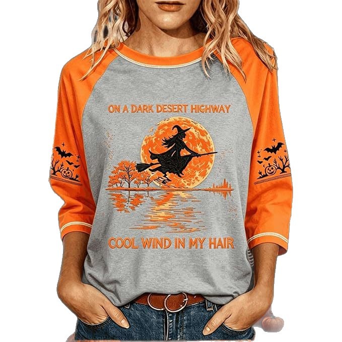 Women's Witch on Flying Broom Halloween Print Crewneck Top
