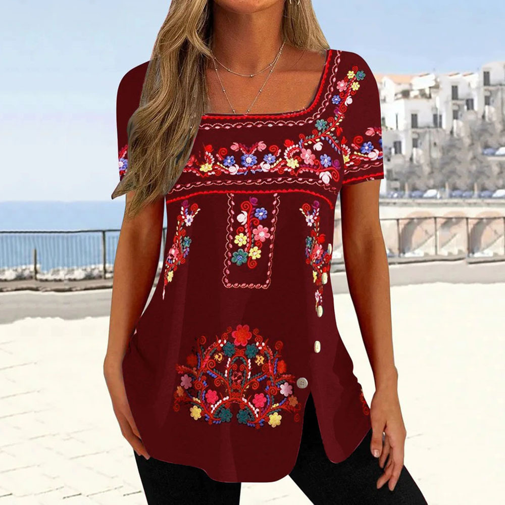 Women's Printed Button Slit Short Sleeve T-Shirt