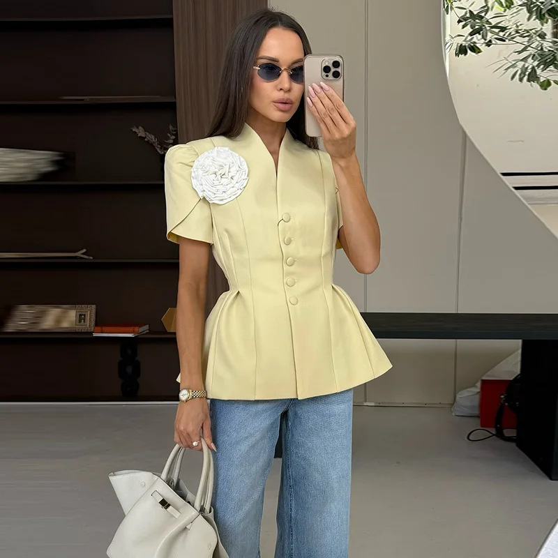 Women's Handmade Floral Waist-Tie Short Sleeve Blazer Top