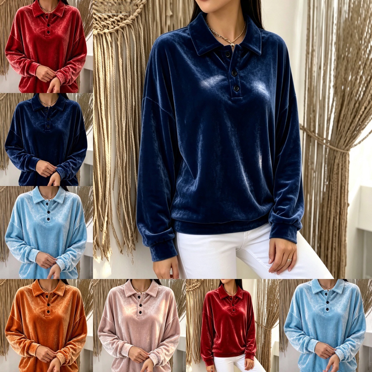 Velvet Sweatshirt with Collar Long Sleeve Solid Color Women's Casual Top