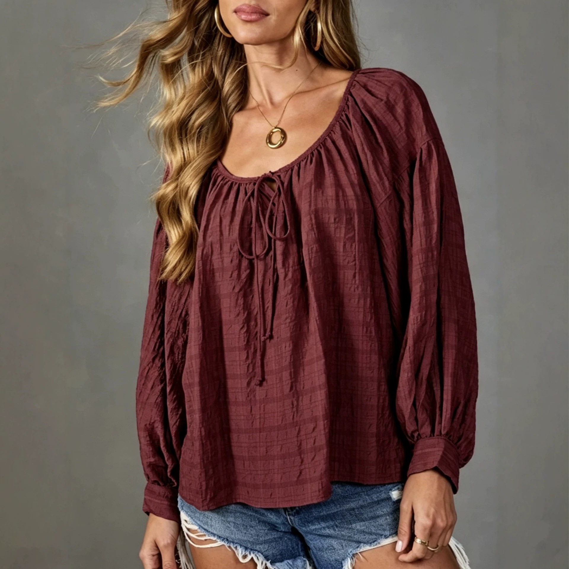 Women's Solid Color Drawstring Crewneck Long-Sleeve T-Shirt