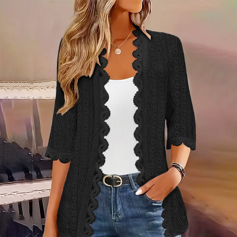 Women's Open-Front Cardigan with Hollow-Out Lace Splicing and Slim Fit Mid-Sleeve