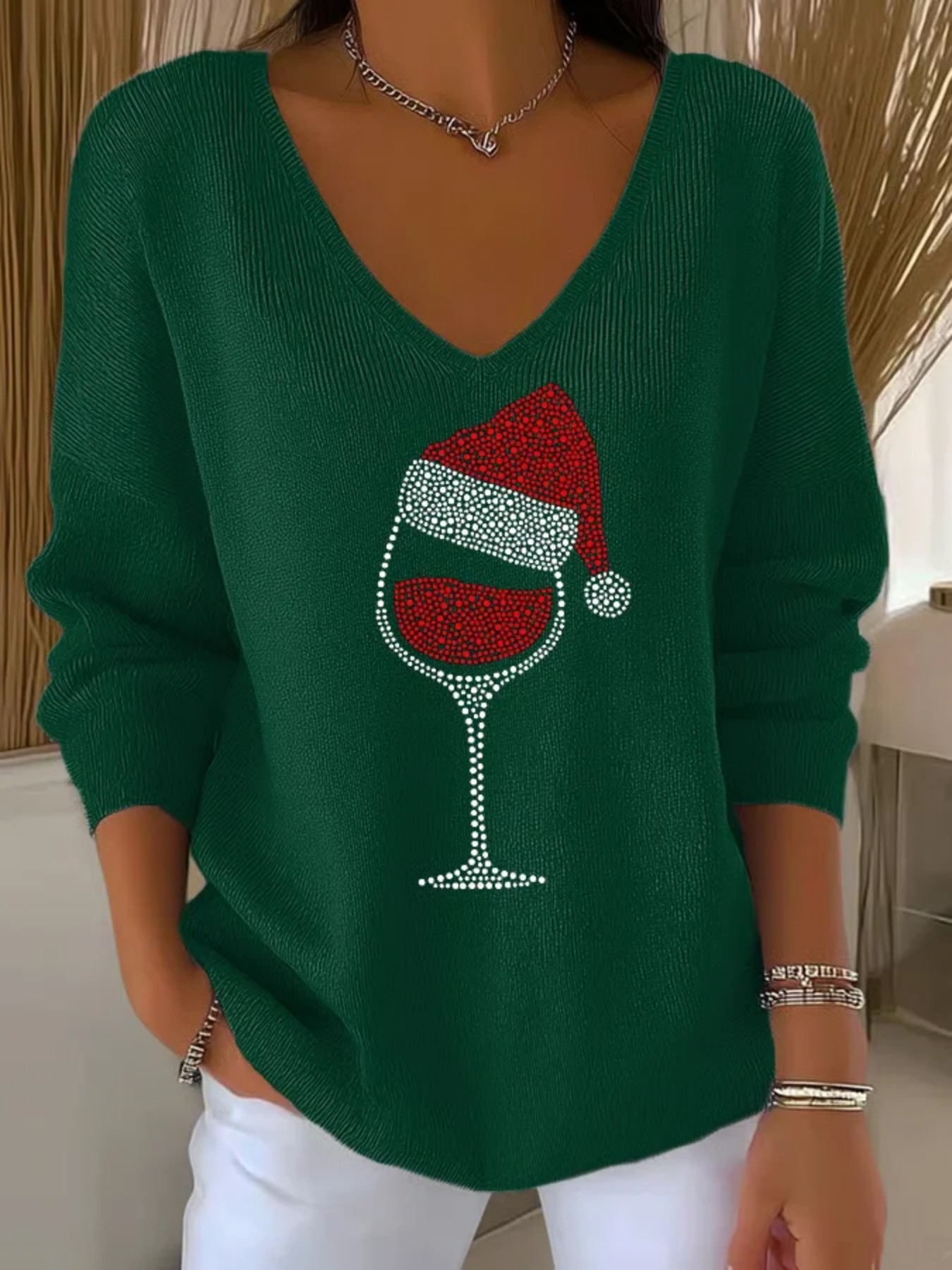 Christmas Tree Ribbon Print V-Neck Long-Sleeve T-Shirt