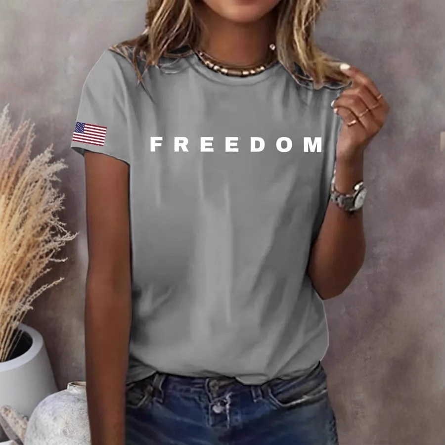 American Flag Print Women's Crewneck Short Sleeve Top