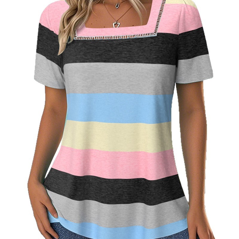 Women's Color-Block Striped Short-Sleeve Slim Fit T-Shirt