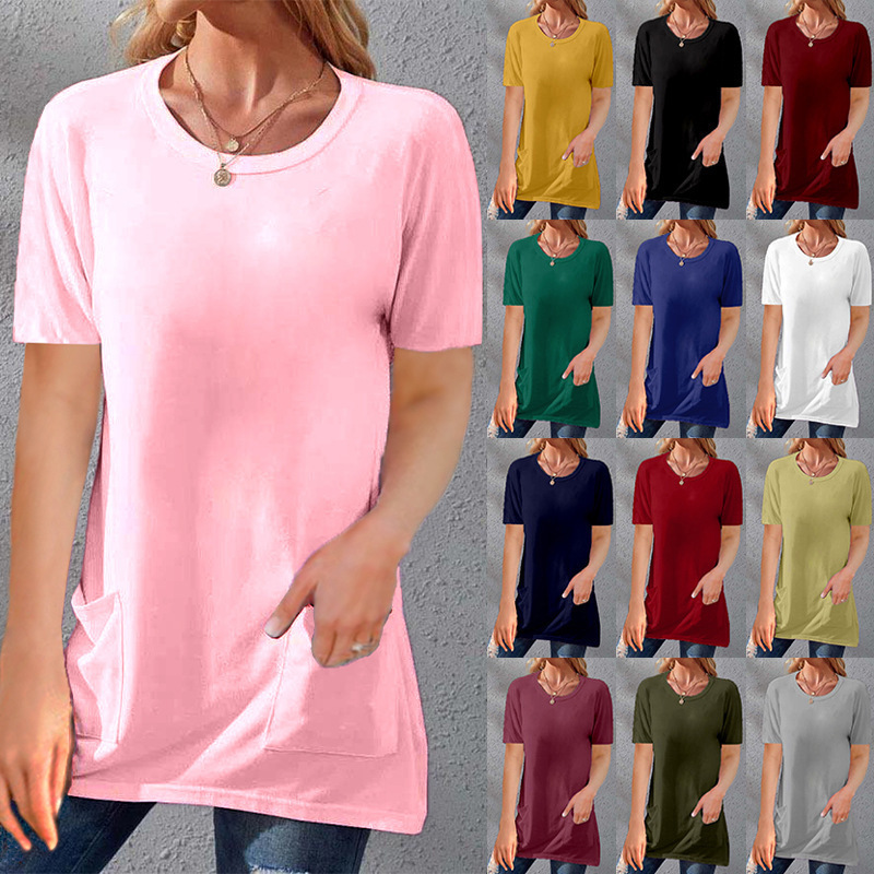 Women's Loose Fit Crewneck Short Sleeve Pocket Solid Midi T-Shirt