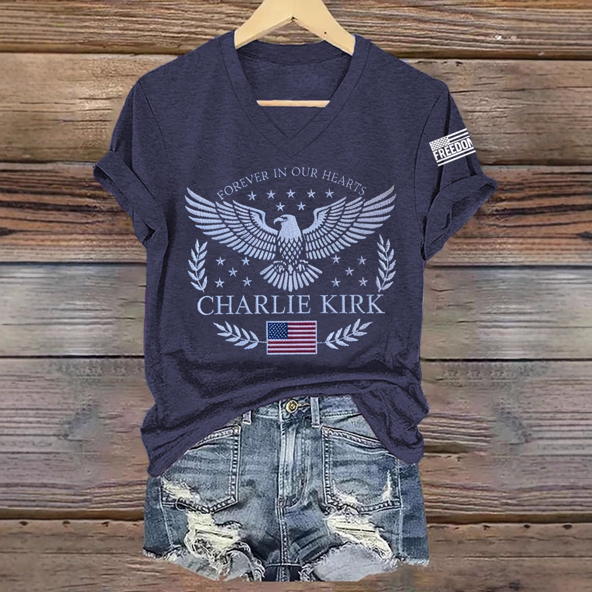 Eagle Peace Letter Print V-Neck Short Sleeve T-Shirt for Women