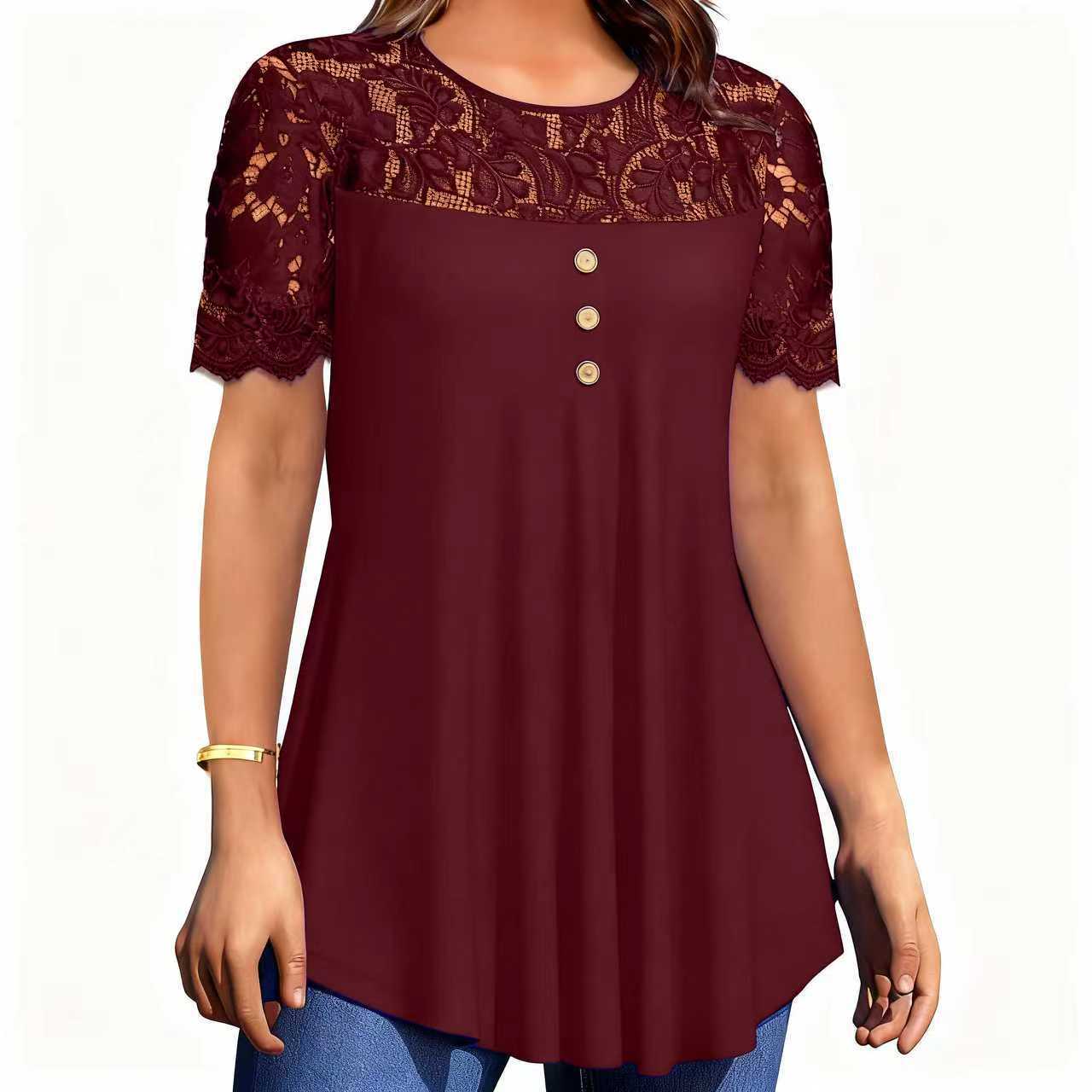Women's Solid Color Lace Trim Short Sleeve Round Neck T-Shirt