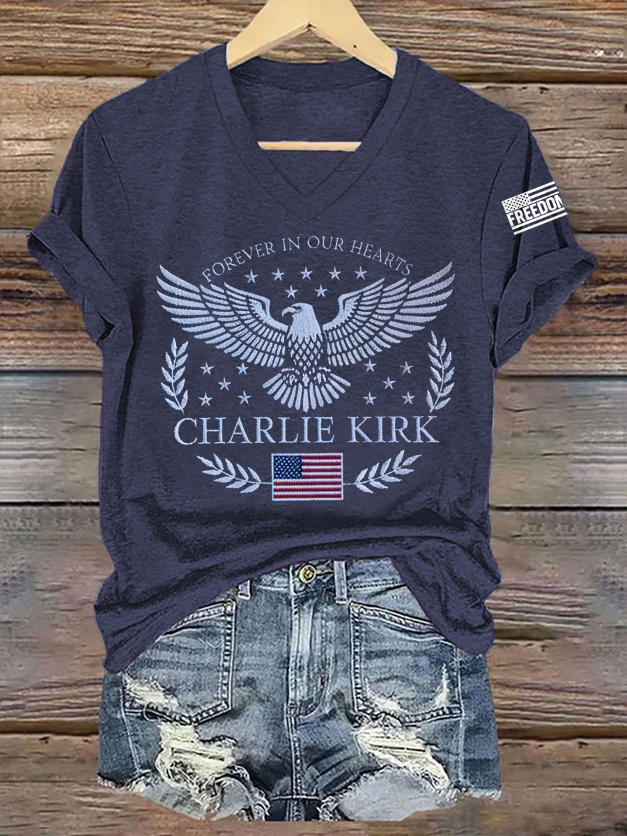 Eagle Peace Letter Print V-Neck Short Sleeve T-Shirt for Women