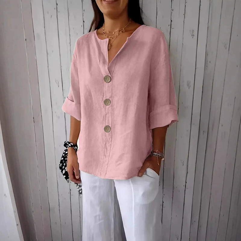 Women's Loose V-Neck Button Cotton-Blend T-Shirt