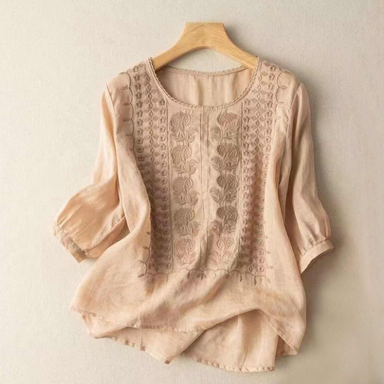 Embroidered Loose Cotton-Linen T-Shirt Women's Retro Round Neck Short Sleeve