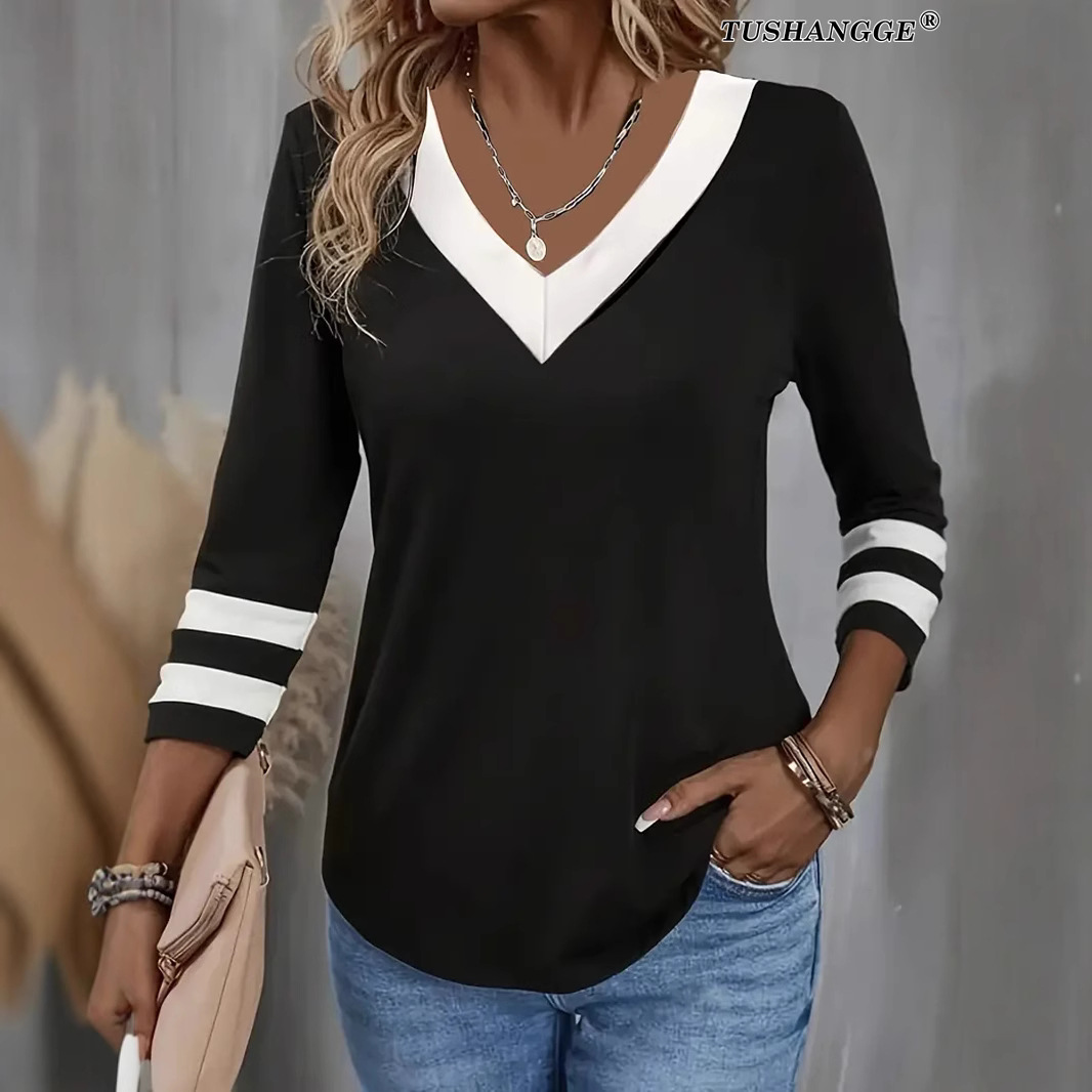 Colorblock Long Sleeve V-Neck T-Shirt