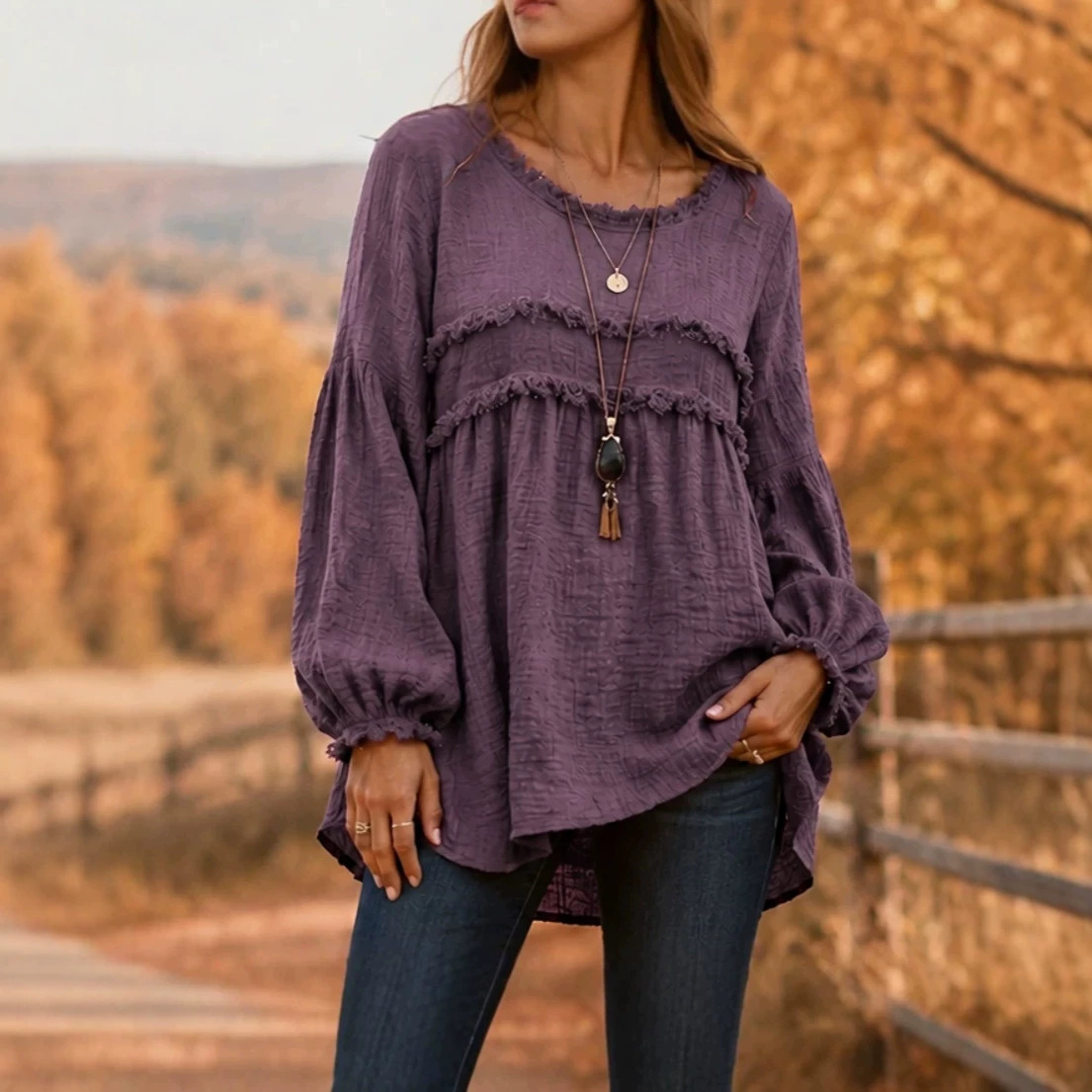 Fringed Trim Patchwork Long Sleeve Casual Top
