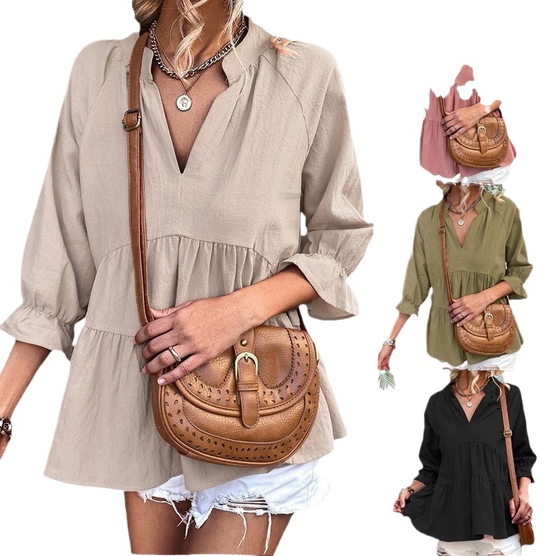 Women's Loose V-Neck Pleated Short Top
