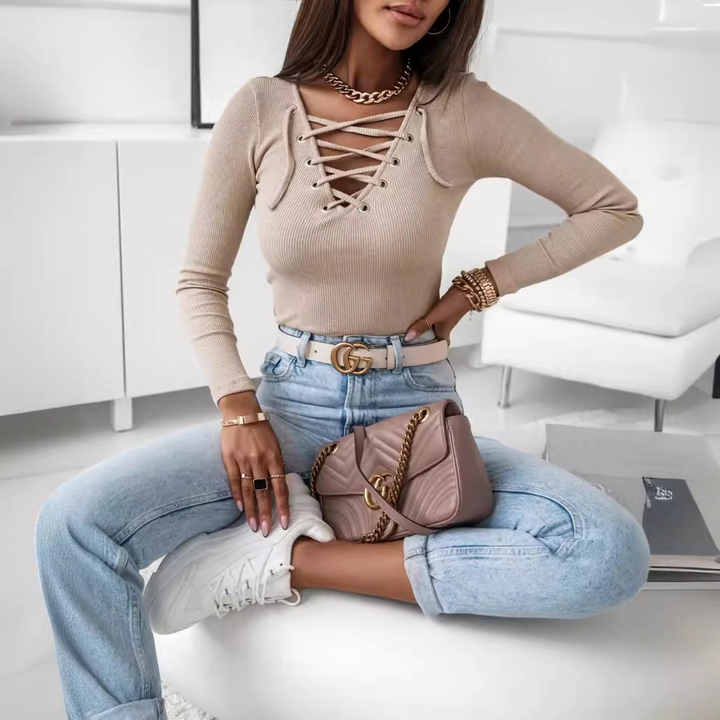 Ribbed Solid V-Neck Slim Fit Long Sleeve T-Shirt Top