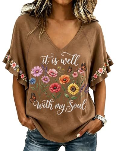 Floral Book Print V-Neck Short Sleeve Women's T-Shirt