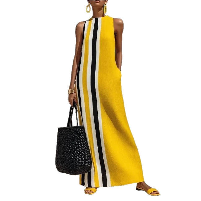 Women's Color-Block Vertical Striped Sleeveless Dress with Pockets