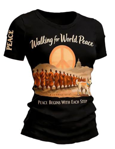 Women's Summer Waist-Fitted Crew Neck Short Sleeve Top with Monk and Peace Dog Print