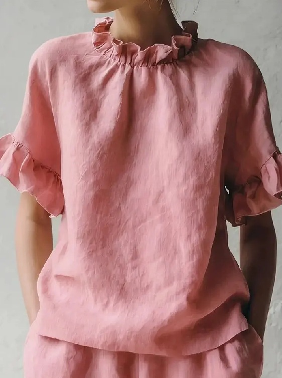 French Vintage Ruffle Ruched Crew Neck Cotton Linen Short Sleeve Top