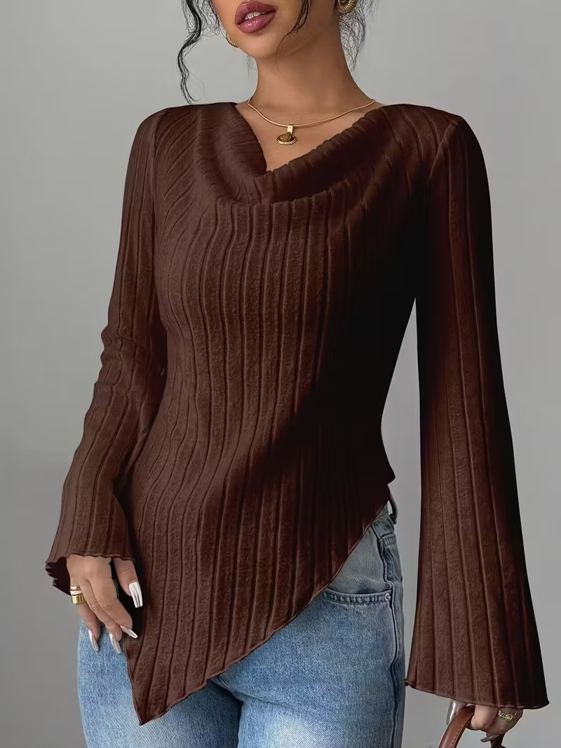 Women's V-Neck Long Sleeve Solid Color T-Shirt