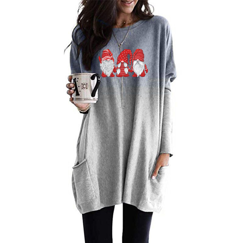 Santa Print Long Sleeve Round Neck Pocket Dress