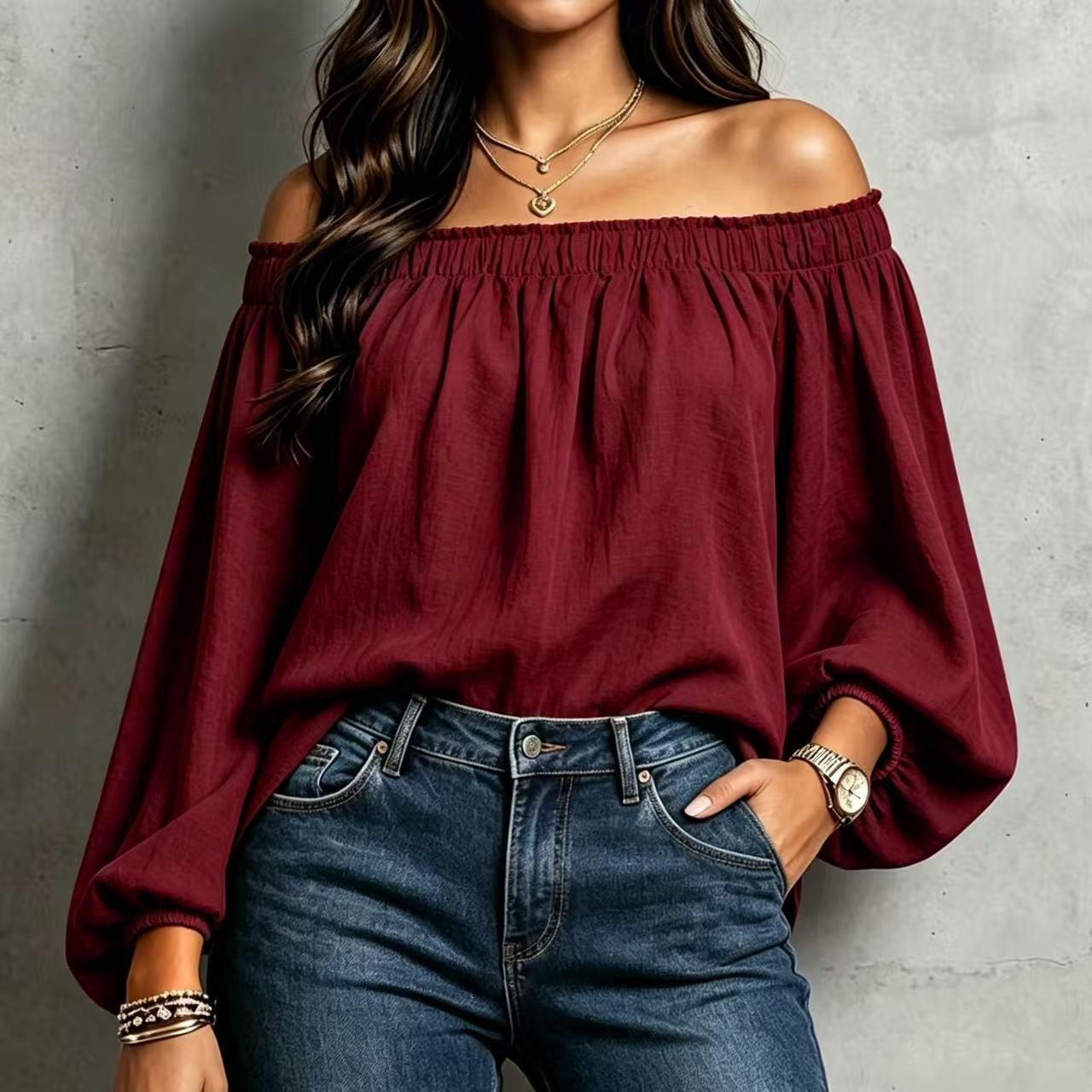 Women's Off-Shoulder One-Line Neck Loose Long-Sleeve Blouse