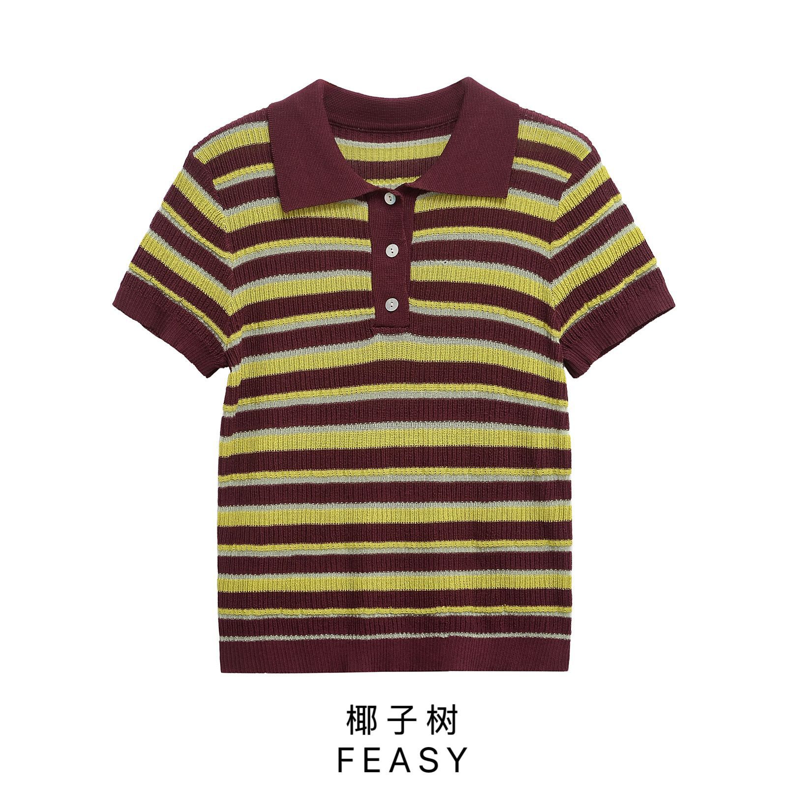 Striped Polo Neck Knit Short Sleeve Top
