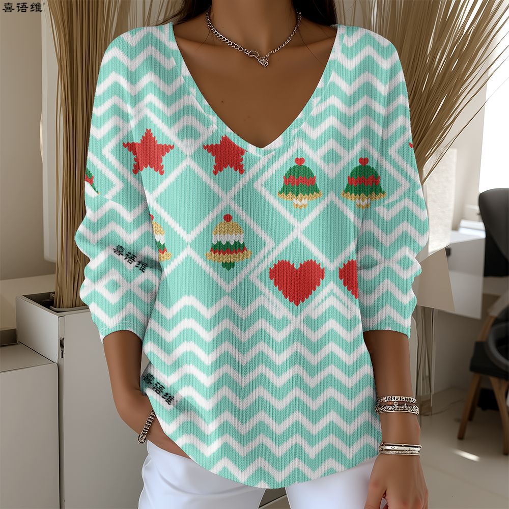 Christmas Snowman Reindeer Bow Print V-Neck Long Sleeve T-Shirt