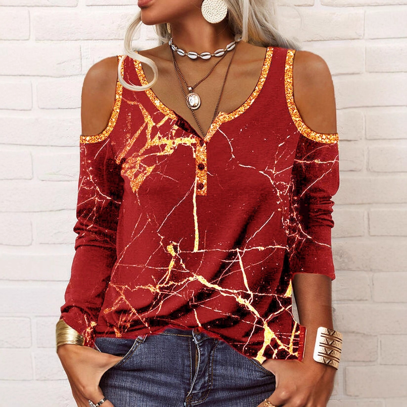 Women's Long Sleeve Crackle Print Off-Shoulder T-Shirt