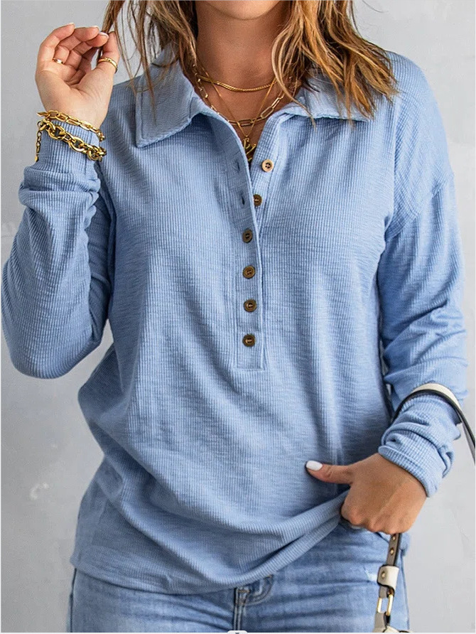 Women's Solid Ribbed Knit Single-Breasted Lapel Long-Sleeve Loose Casual Top