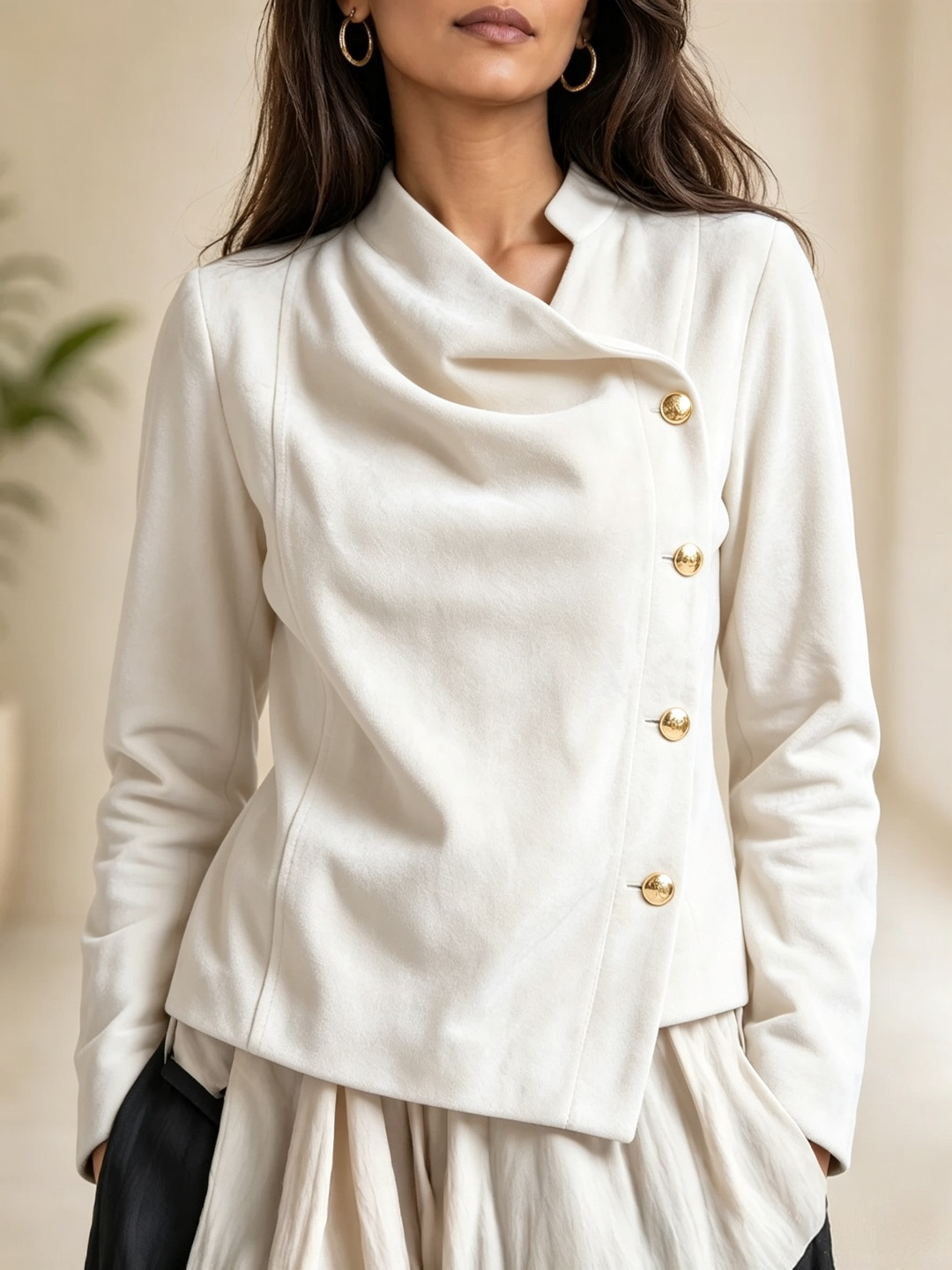 Women's Vintage Pleated Asymmetric Button Stand Collar Long Sleeve Jacket