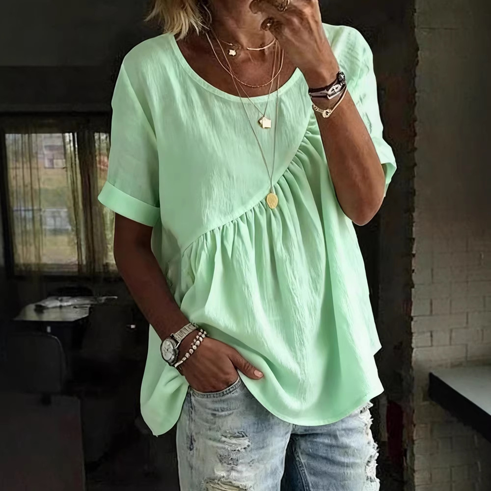 Women's Solid Crewneck Short Sleeve Ruched Top