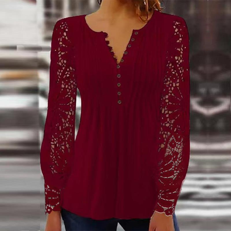 Women's Lace Trim Pleated Solid Button T-Shirt