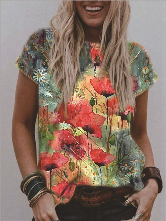 Women's V-Neck Floral Print Short Sleeve Loose Fit T-Shirt
