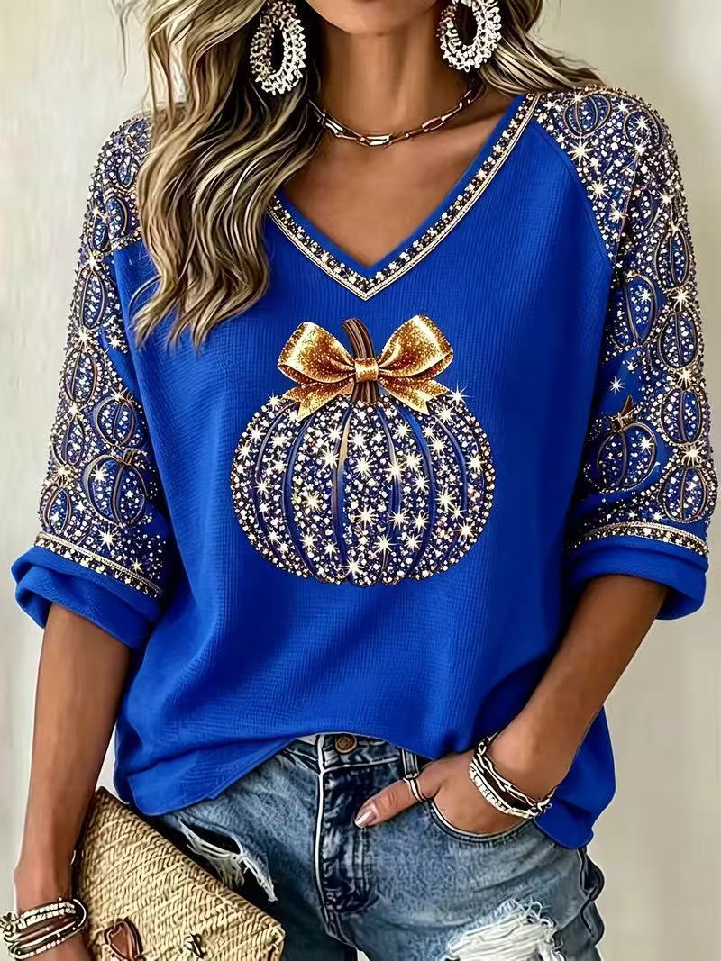 Halloween Pumpkin Bow Print V-Neck Half-Sleeve Women's T-Shirt