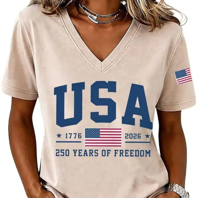 American Flag Print V-Neck Short Sleeve Women's T-Shirt