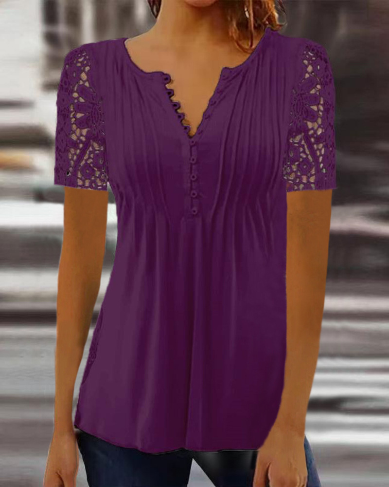 Women's Lace Trim Pleated Solid Button T-Shirt