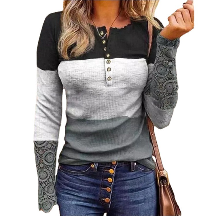 Women's Long Sleeve Slim Fit Colorblock Print Half-Placket Pullover T-Shirt