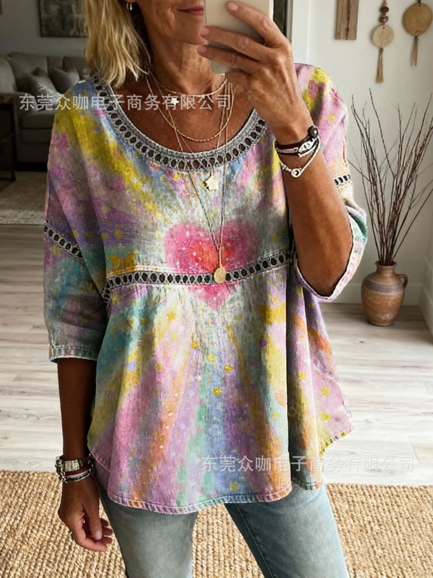 3D Floral Print Crewneck Half-Sleeve Ruched Top