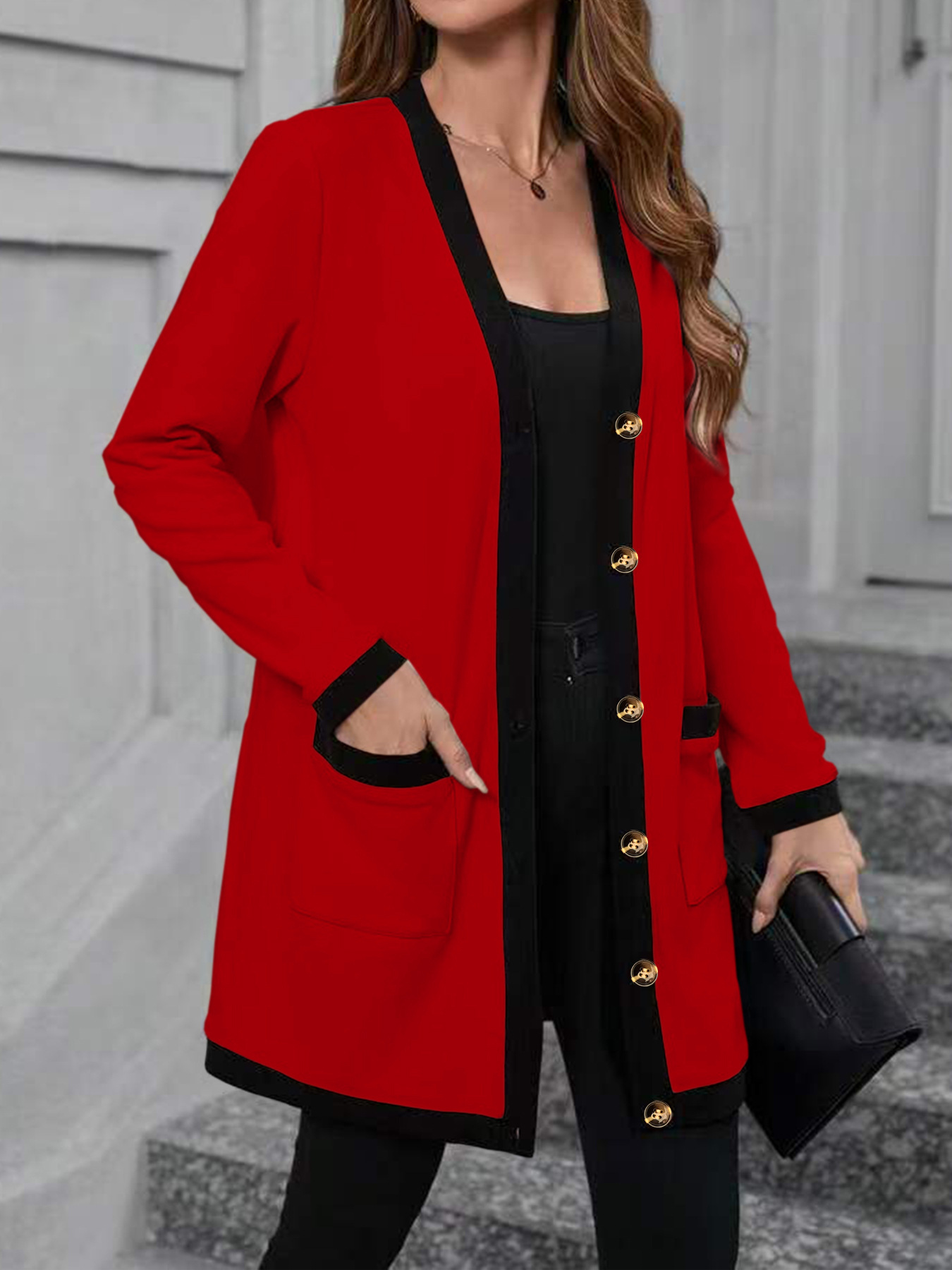 Colorblock Trim Knit Cardigan Women Open Front Midi Pocket Long Sleeve Plus Size