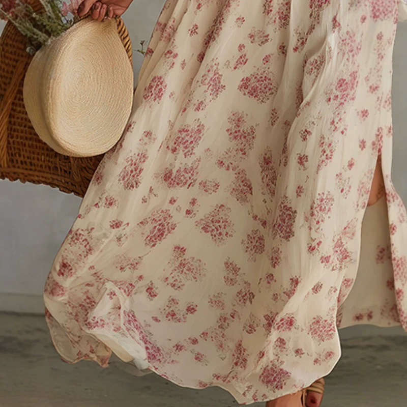 Pink Floral Square Neck Chiffon Short Sleeve Maxi Dress