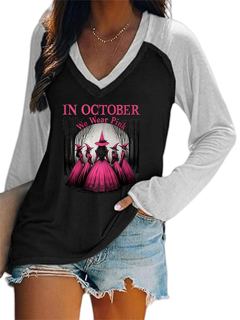 Women's Halloween Witch Hat Print V-Neck Long Sleeve T-Shirt
