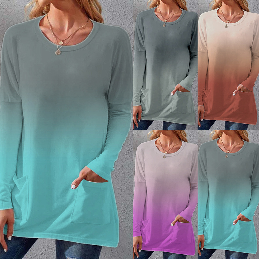 Women's Gradient Crewneck Long-Sleeve Tunic T-Shirt with Pockets
