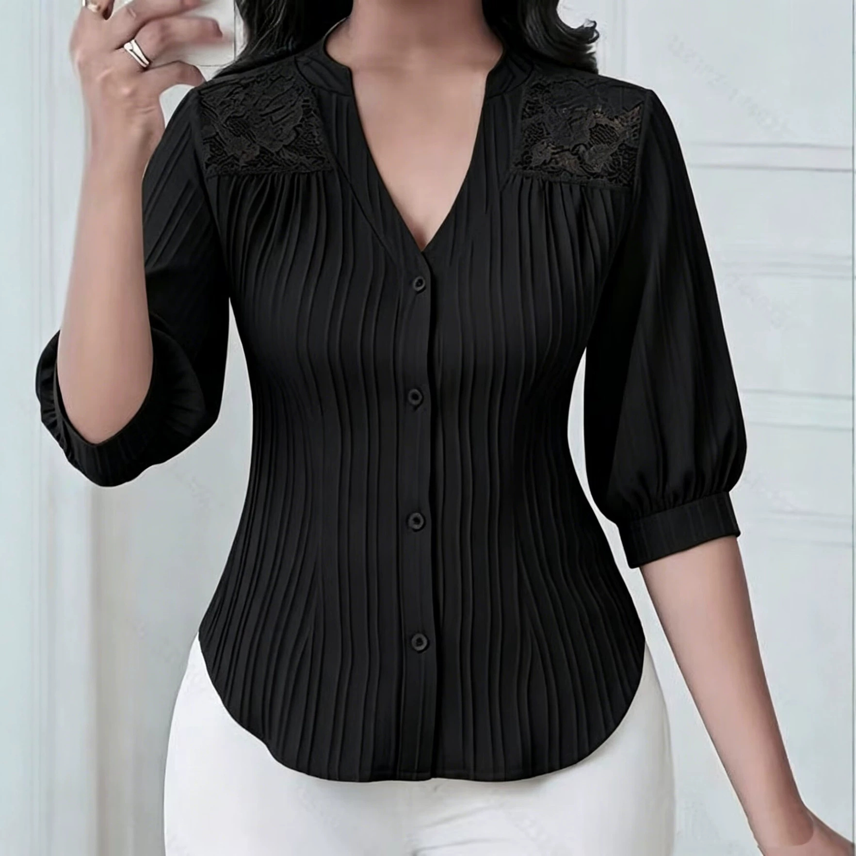 Lace-Trimmed V-Neck Mid-Sleeve Blouse with Pleated Button Front and Curved Hem