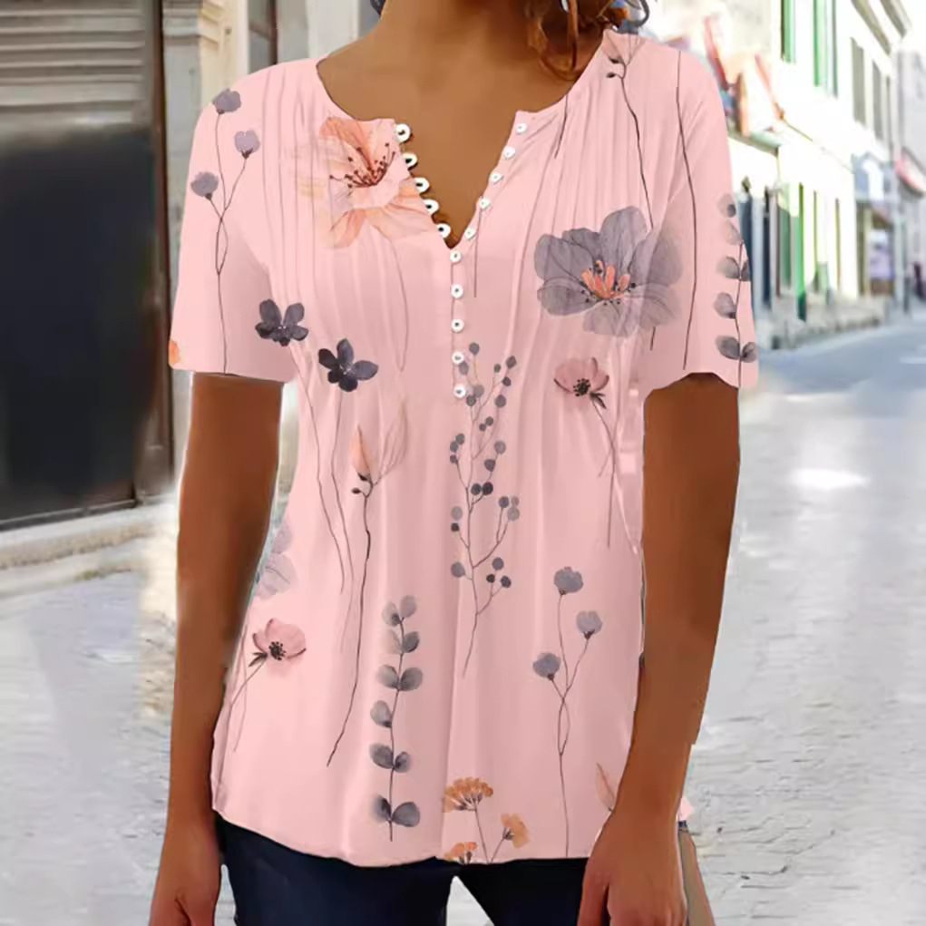 Women's Summer Printed Short Sleeve Pleated Button T-Shirt