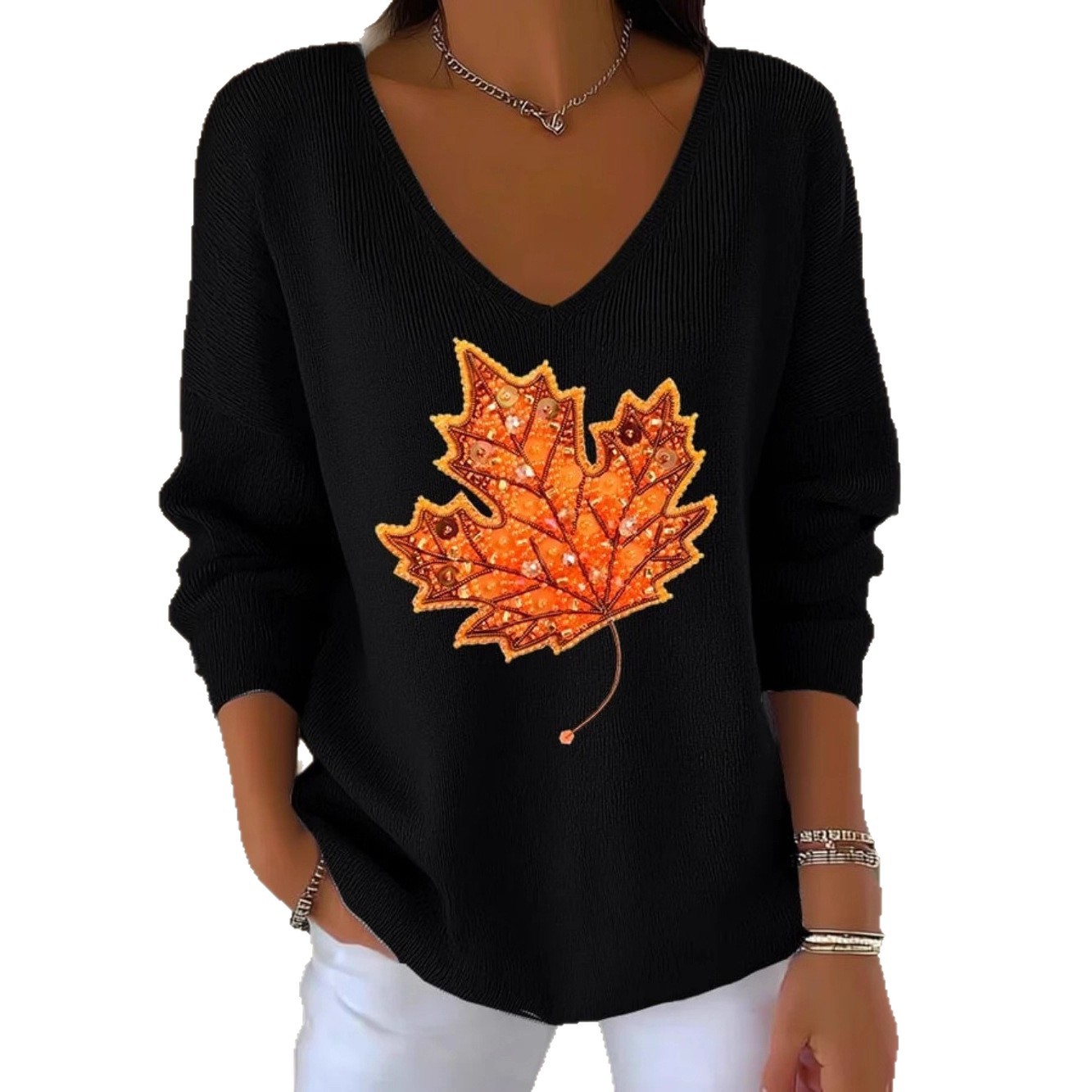 Maple Leaf Print V-Neck Long Sleeve T-Shirt