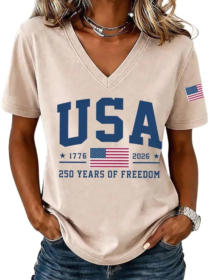 American Flag Print V-Neck Short Sleeve Women's T-Shirt